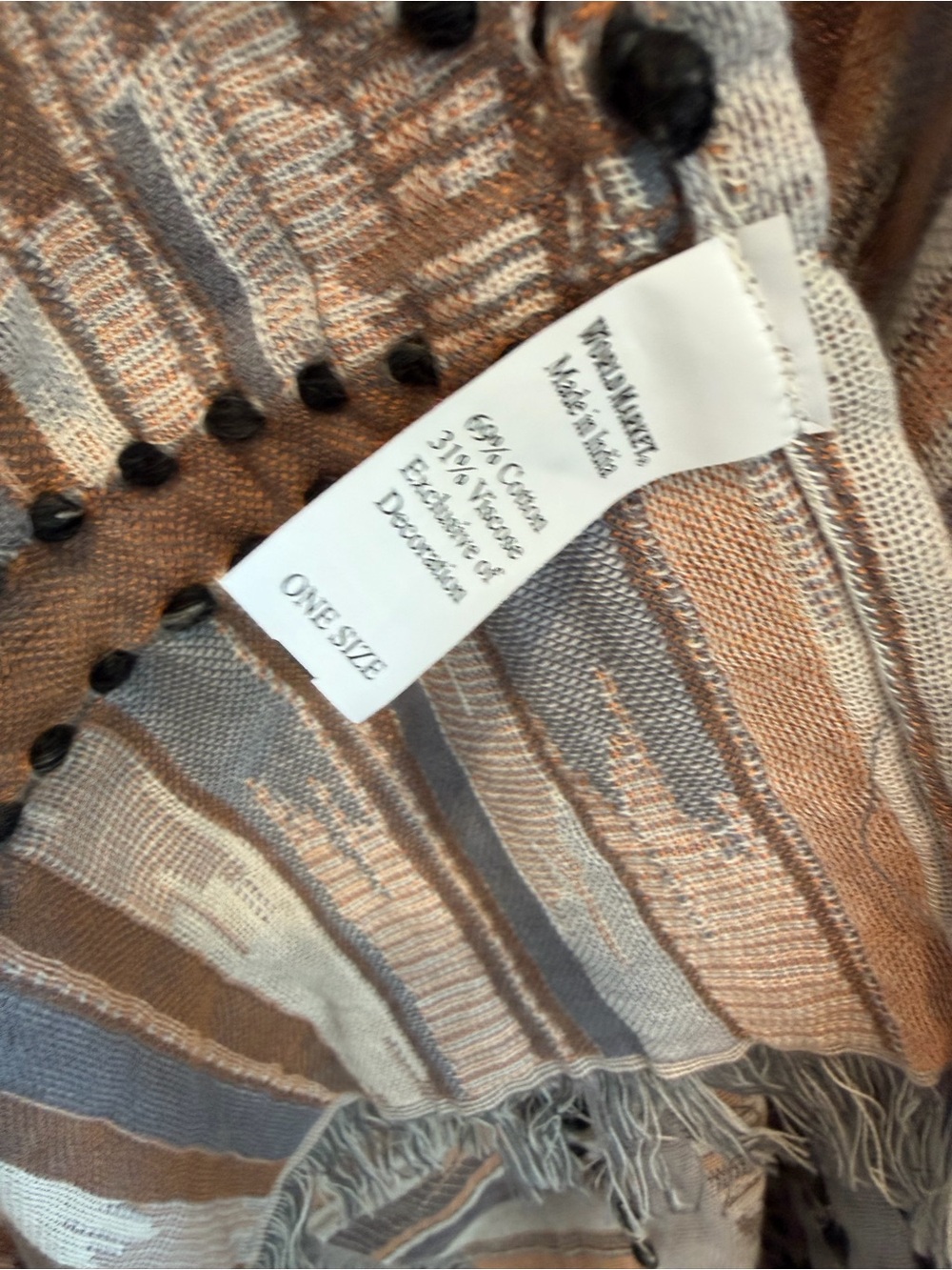 NWT World Market Duster/Kimono. Cotton / Viscose. Tan Light Blue Embroidered - Picture 7 of 8